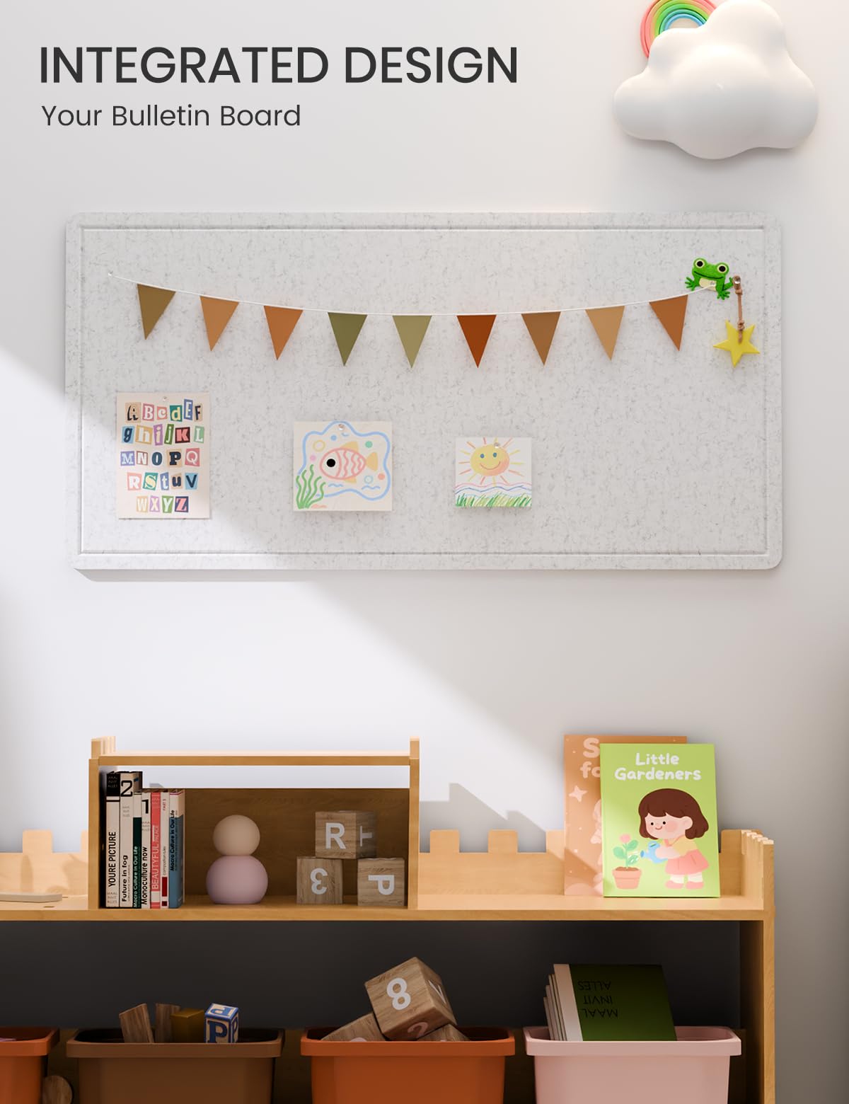 Fluxynara Bulletin Board, 35" x 17.5" Cork Board Alternative with 12 Safe Removable Adhesive Tabs, Foldable Felt Pin Board for Home Office, Classroom, Bedroom,Entryway for Walls—Light Gray
