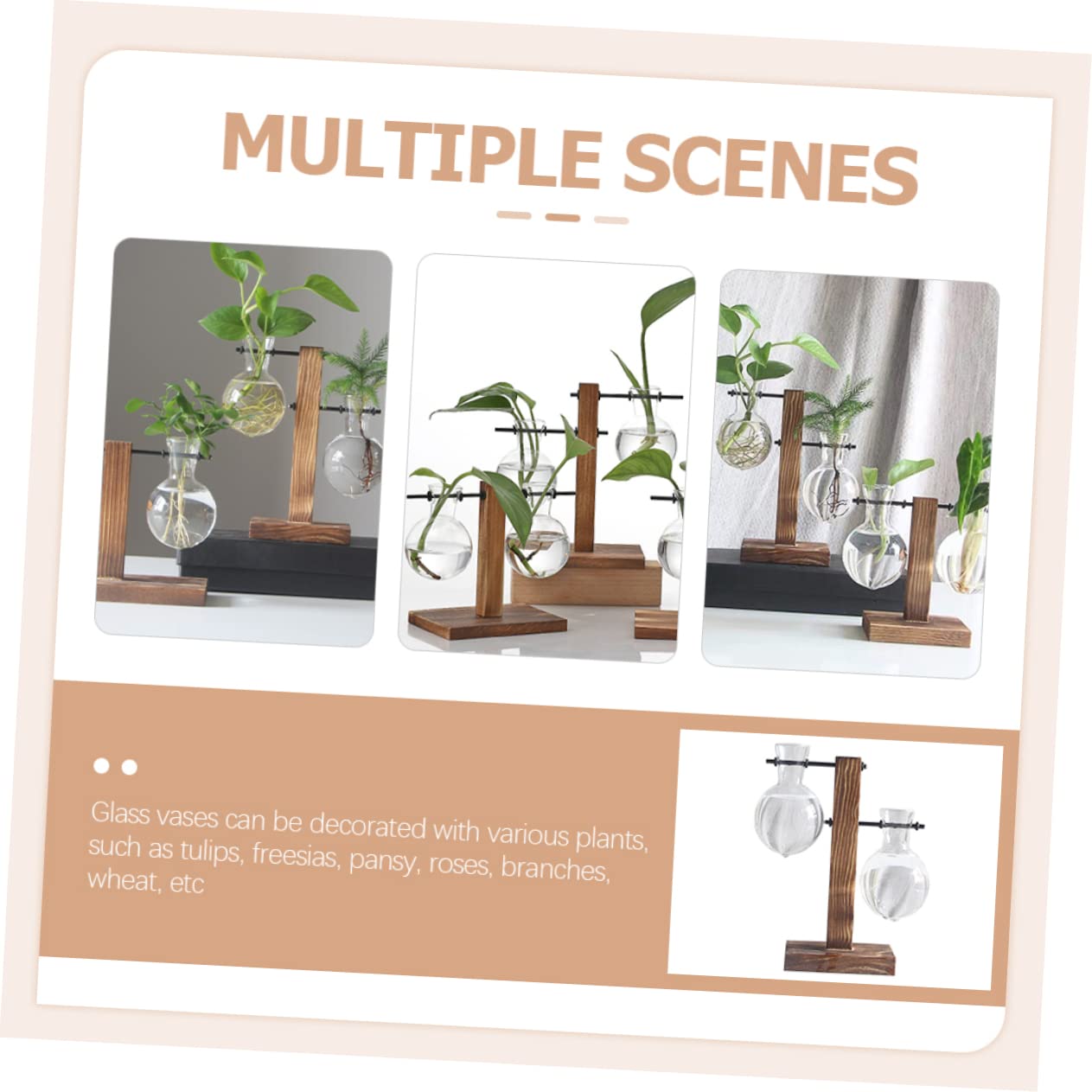 Hemoton 2pcs Hydroponic Glass Vase Wooden Base Stand Modern Plant Terrarium Tabletop Vase for Indoor Gardening Stylish