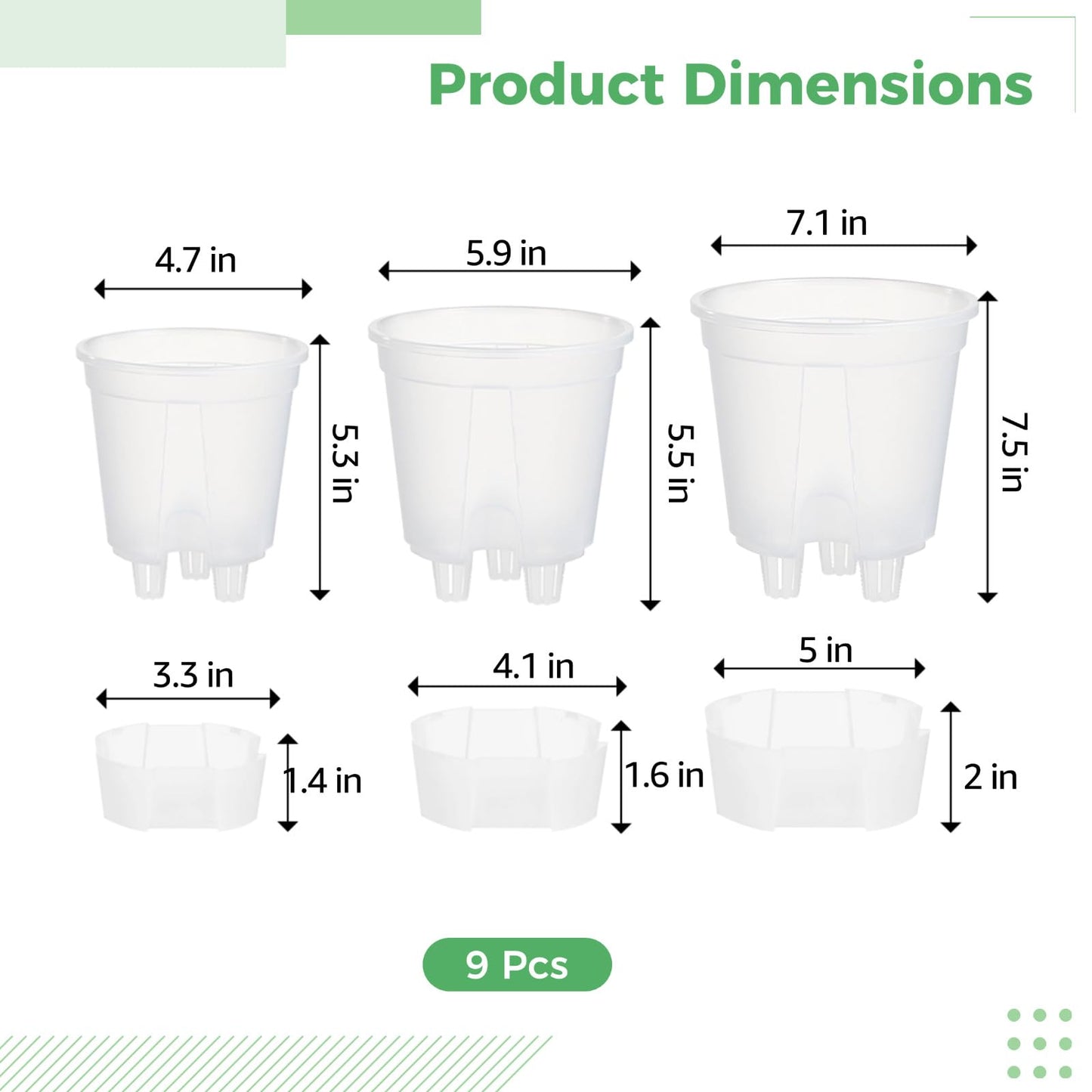OMISTAR 9 PCS Self-Watering Pot with Reservoir, 3 Sizes Clear Plastic Plant Pots with Air and Drainage Holes, Indoor and Outdoor Flower Planters for Home Office, Healthy Root Growth