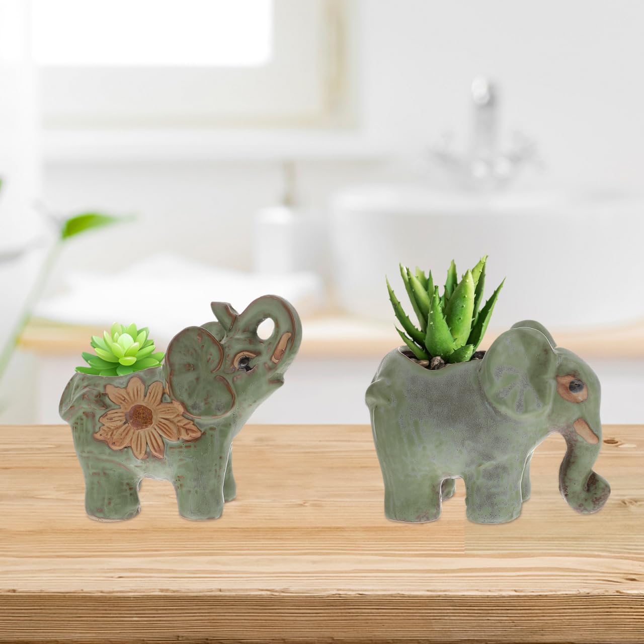 HANABASS 2Pcs Small Ceramic Elephant Planter Green Retro Flower Pots for Succulent Plants Small Cactus Holders Decorative Animal Plant Pots for Indoor Outdoor