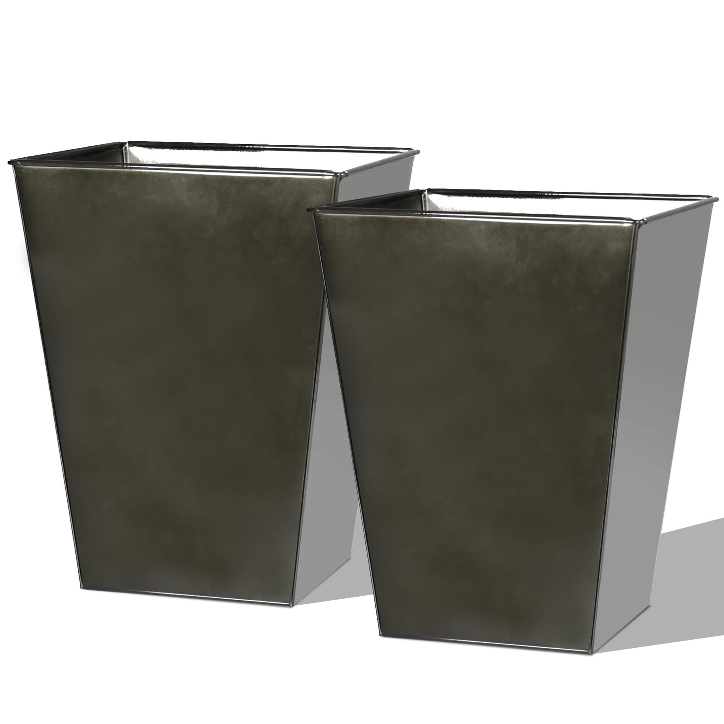 Worth Garden Large Metal Glazed Floor Planter Set of 2-14" Dia x 18" H - Luxurious Glossy Finish Black Tall Square Tapered Steel Plant Pots, Decor Flower Pot Indoor & Outdoor, Drainage Hole