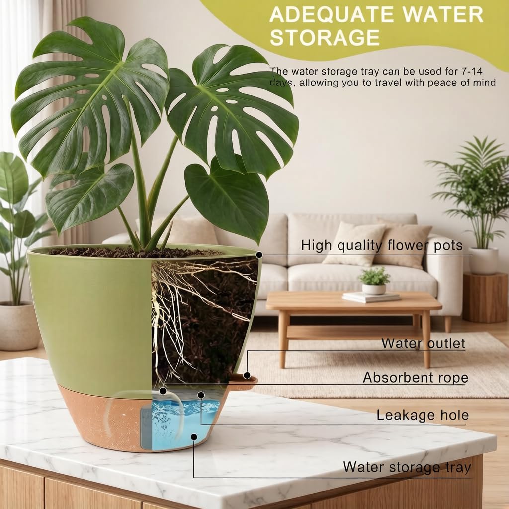 moniko Plant Pots 12/10/9/8 Inch Self Watering Pots, Plastic Flower Pots with Multi Mesh Drainage Holes and Water Level， Nursery Planting Pot for Indoor Out Door Plants（Green）