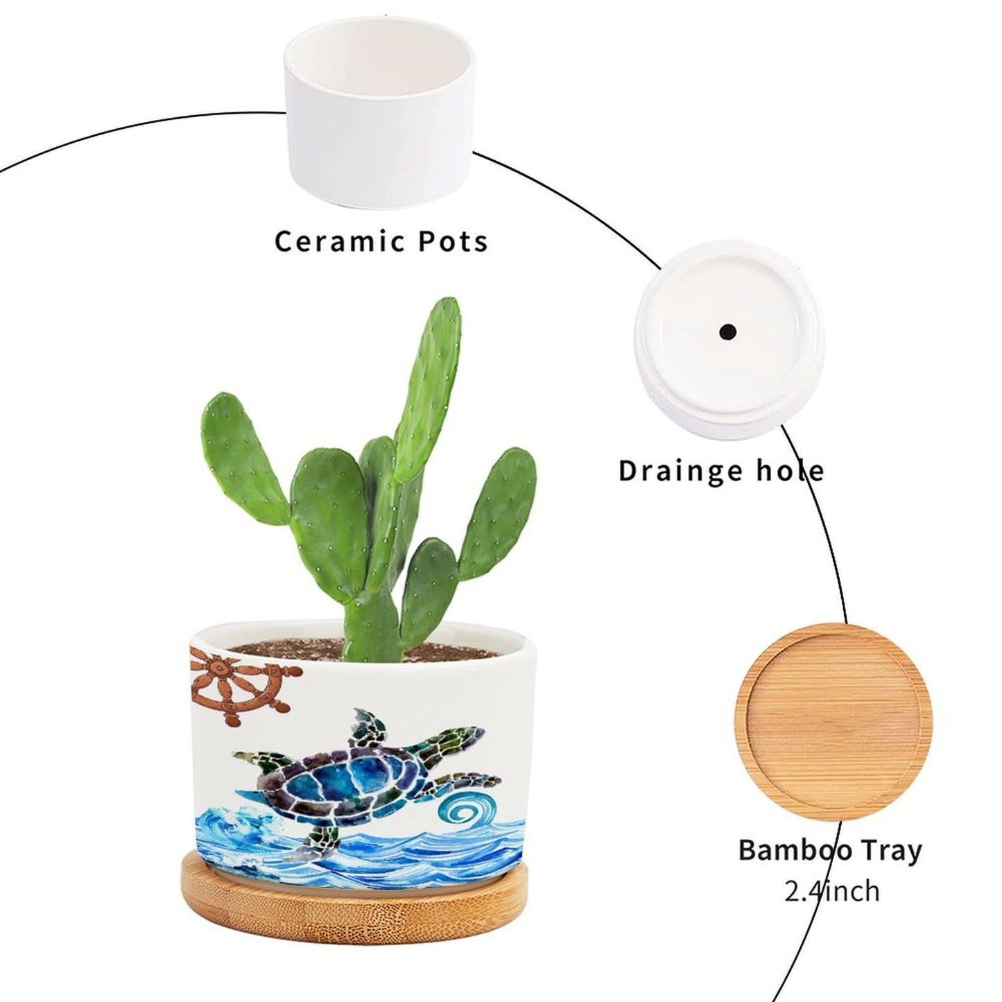DreamAutumn Ocean Theme Sea Turtle Planter Ceramic Round Plant Pots with Drainage Holes and Bamboo Tray Planting Small Flower Pots for Home Windowsill Desk Garden Indoor Outdoor Use