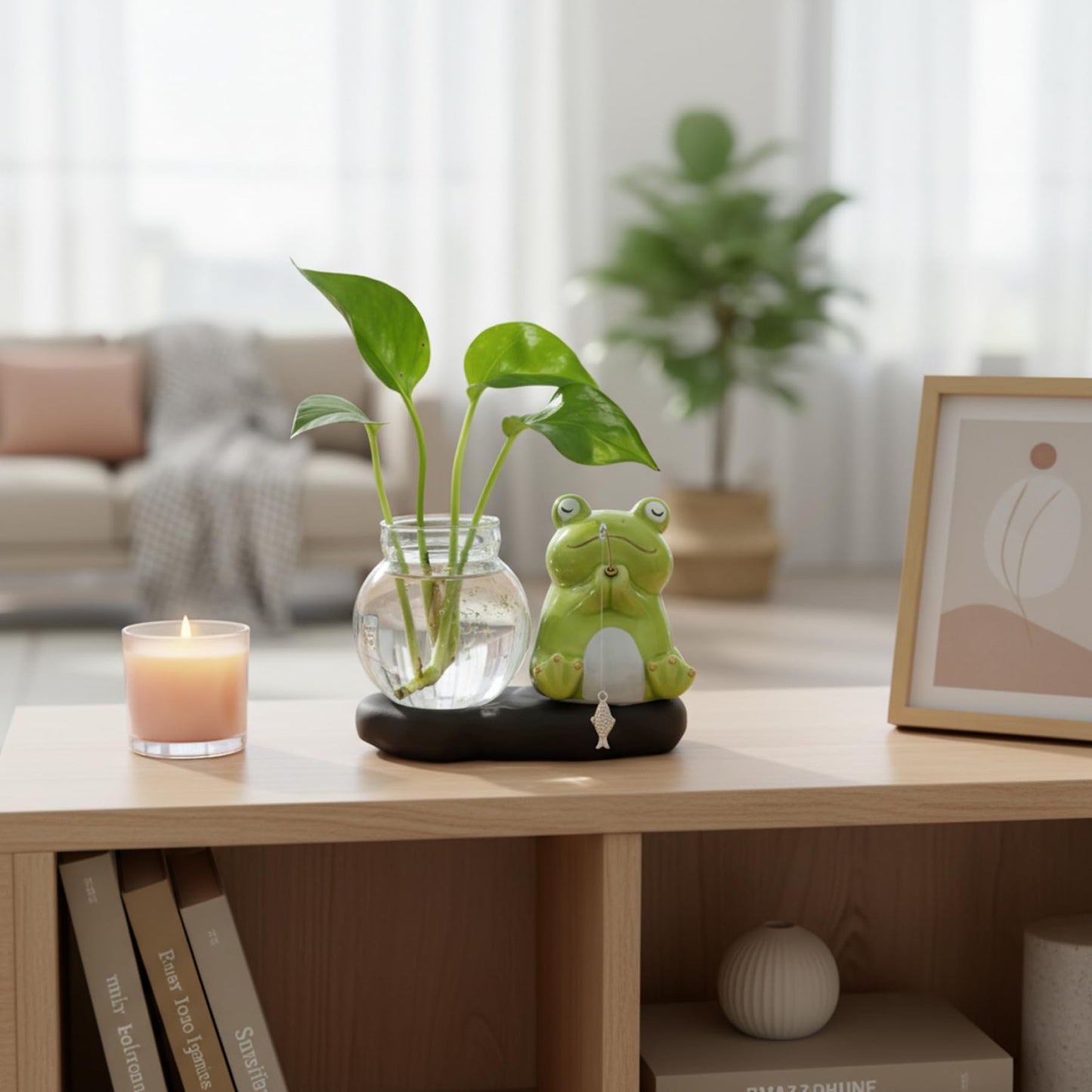 Glass Planter with Ceramic Stand, Cute Frog Fishing Propagation Vase for Plants, Hydroponic Planter for Indoor Home Office Desk Decor