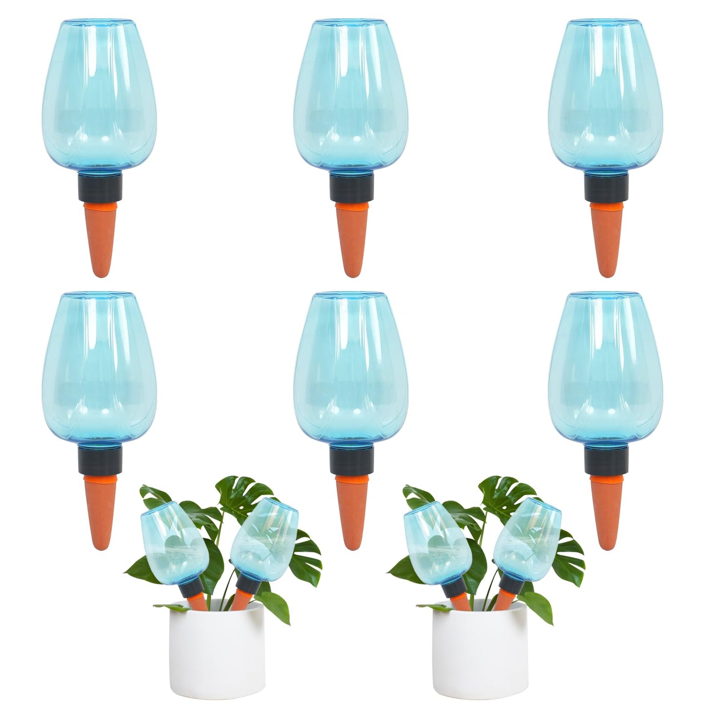 GEWOSI 6pcs Plant Self Watering Globes, Plastic Water Bulbs Top Fill, 12.3 oz Plant Watering Devices System Slow Release Terracotta, Water Spikes Stakes for Indoor (Blue-6pack)