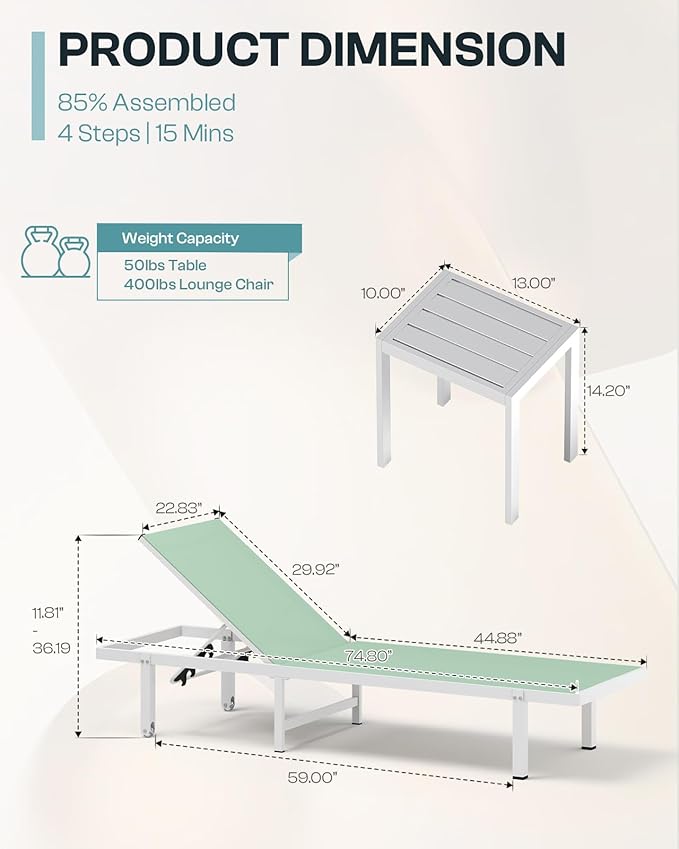 Pool Lounge Chairs Set of 2, Aluminum Outdoor Lounge Chairs