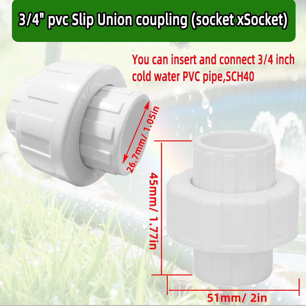 6Pcs 3/4" PVC Union Coupling Pipe Fitting (Socket x Socket),SCH40,Plumbing Fitting with EPDM O-Ring, White,Quick-Connect PVC Couplings for Farm Irrigation, Garden Watering & Pool Plumbing.