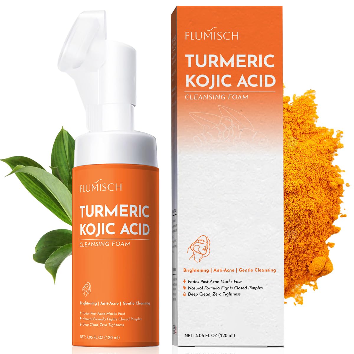 Turmeric Kojic Acid Facial Cleanser, Brightening Foaming Face Wash with Soft Massage Heads, Kojic Acid Cleanser Exfoliating, Turmeric Cleansing for Dark Spots 4.23 oz