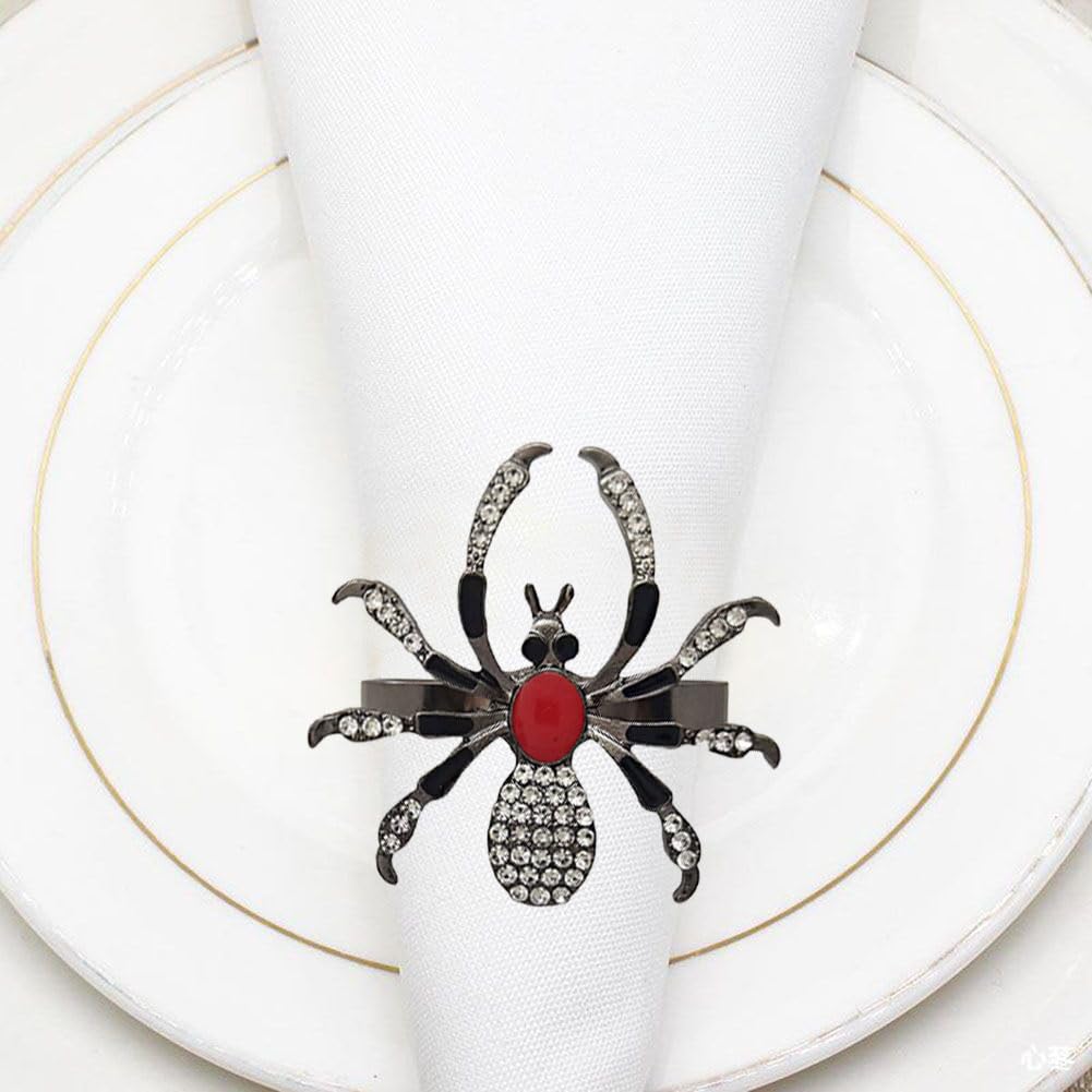 Halloween Napkin Rings Set of 6, Black Spider Napkin Ring with Rhinestones, Decorative Serviette Buckles Metal Holder for Cloth Napkins, Party Table Decor Banquet Birthday Holiday Daily Use