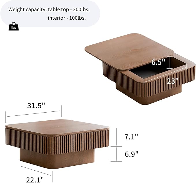 Square Coffee Table for Living Room, Fluted Drum Accent Tea Center Table