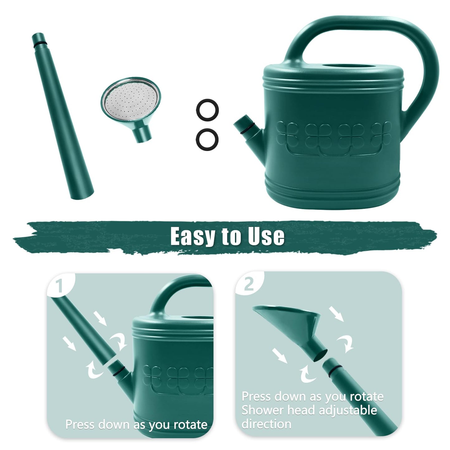 Watering Can for Indoor & Outdoor Plants, Plant Watering Can with Stainless Steel Shower Head, 1 Gallon Plastic Watering Can for Garden, Flowers, Vegetable, Greenhouse (Dark Green, 1 Gallon)