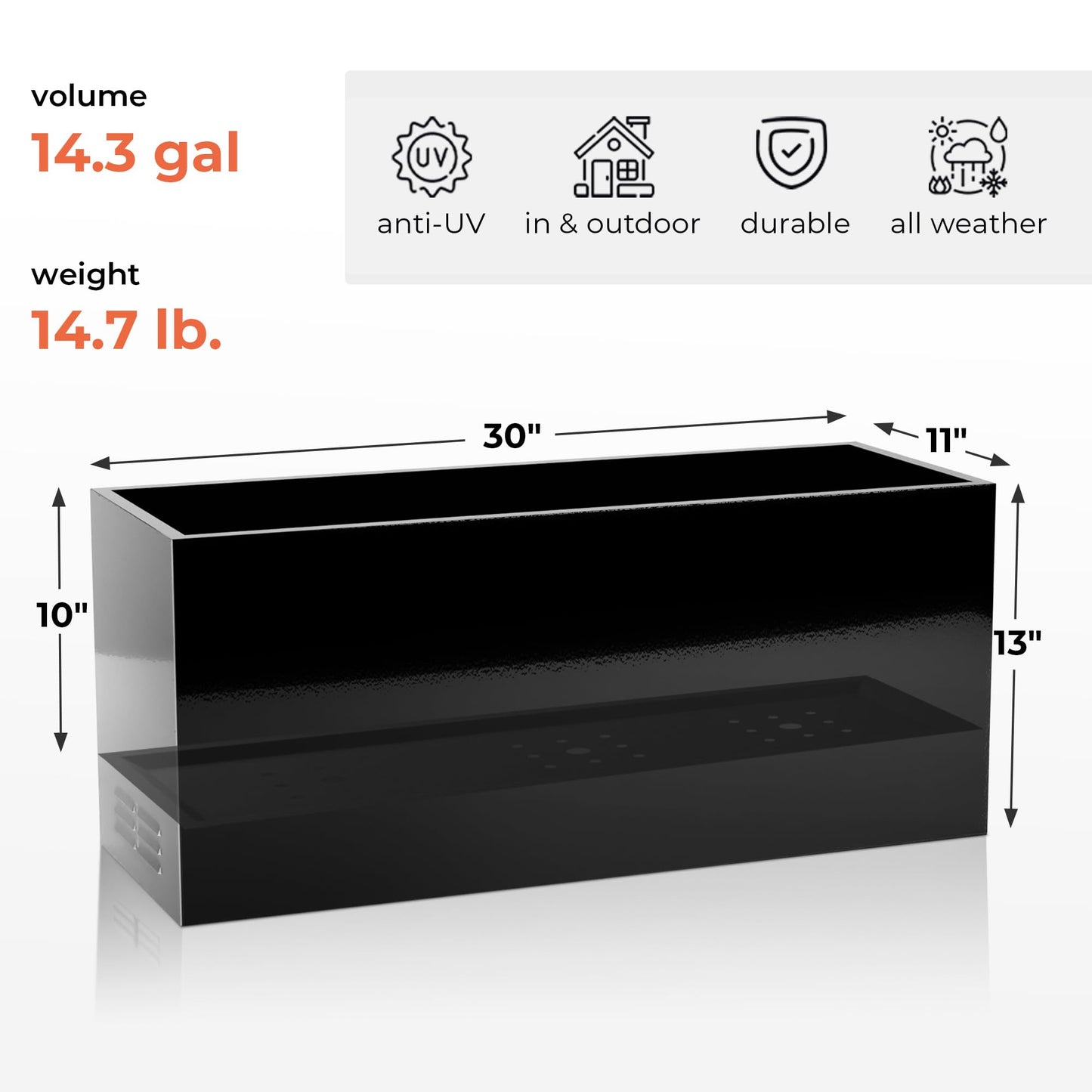Worth Metal Planter Box with Insert Plate & Drain Holes, Indoor or Outdoor Use, No Assembly Required, 30" x 11" x 13", 14.3 Gallons, Glossy Black