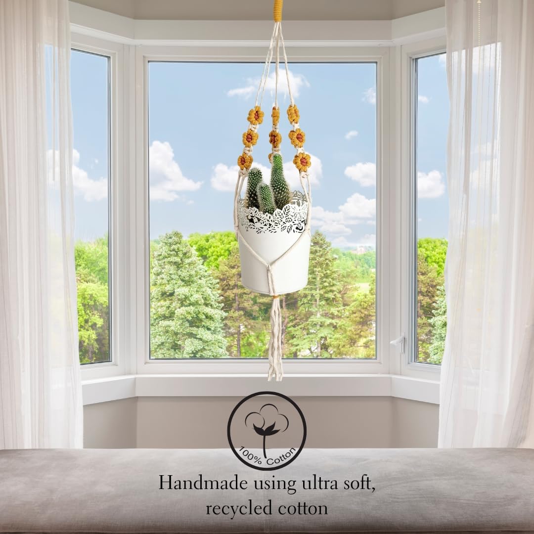 Macrame plant hanger with Daisies | Hanging plant holder | Macrame Plant hangers outdoor and indoor hanging planters Plant stand indoor Boho Decor hanging planter stand/plant shelf (Golden Harvest)