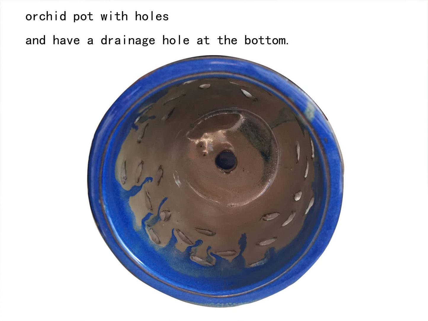 Fowargif Large 6inch Ceramic Orchid pots with Holes, Flower Pot with Saucer for Indoor Plants Home Decorative, Round Planter (Blue+Light Brown)