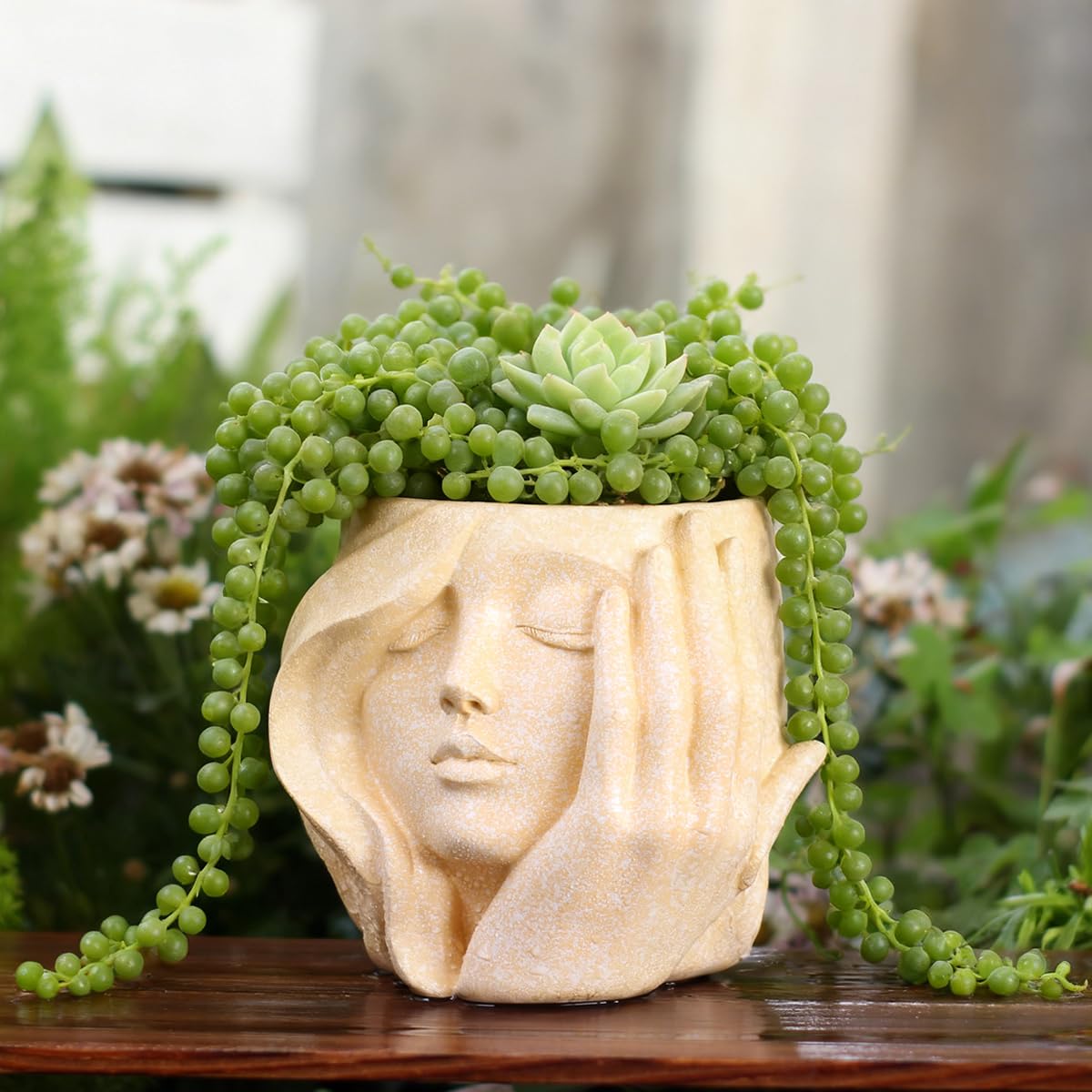 YOYLMAL Hand Holding Face Planter Pot, 5.1” Resin Women's Head Succulent Planter for Indoor Outdoor Plants, Unique Flower Pot with Drainage Hole, Gifts for Women Mom