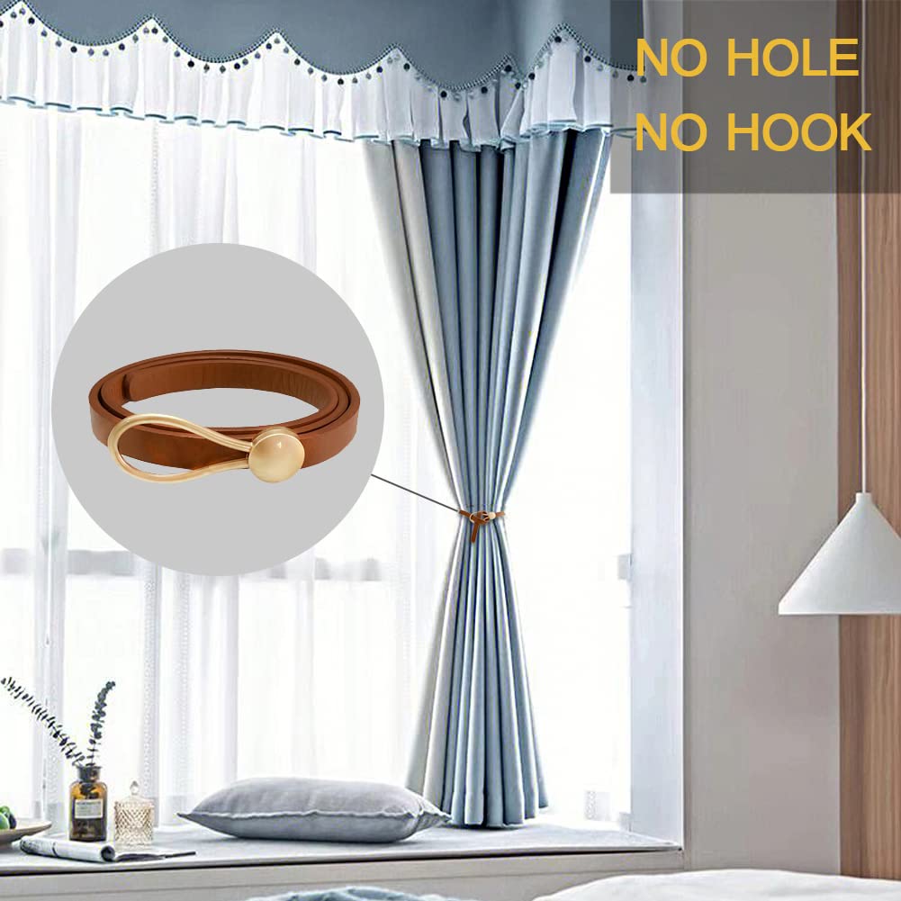 Leather Curtain Tie Backs, 4 Piece Minimalist Leather Drapery Tiebacks, Window Treatment Holdbacks, Housewarming Gift, Modern Home Decor Accessories (Brown)