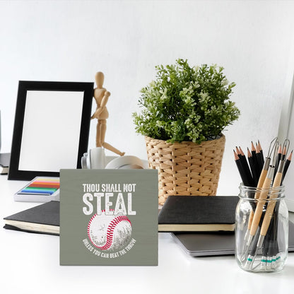 Funny Retro Baseball Wood Signs for Office Desk Decor, Baseball Lover Gifts ffice Desk Accessories, Sports Fan Gifts Home Shelf Decor,Thou Shall Not Steal Unless You Can Beat The Throw 5x5(Christmas)