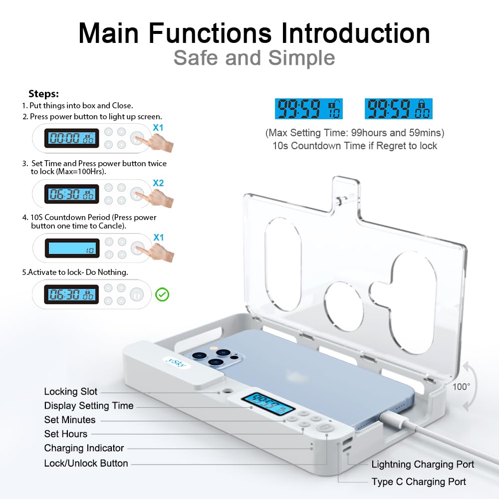ySky Portable Phone Lock Box with Timer for iPhone and Android Phones, Self-Control Timed Phone Jail Locker to Help Kids,Students, Adults Focus Back, Unplug from Phones Boost Your Mental Wellness
