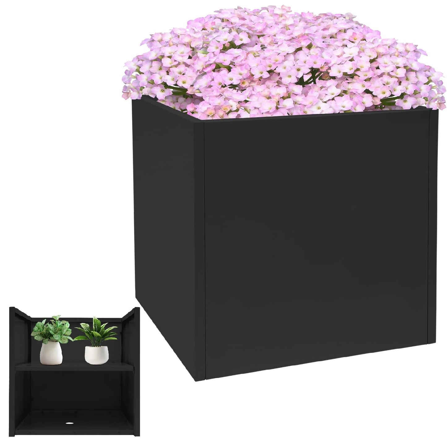 Large Outdoor Planters Metal Planters for Outdoors, Square Metal Planter Box 26"L x 26"W x 26"H, Steel Planter Box with Removable Insert Shelf, for Porch, Garden, Patio (26"L x 26"W x 26"H - Black)