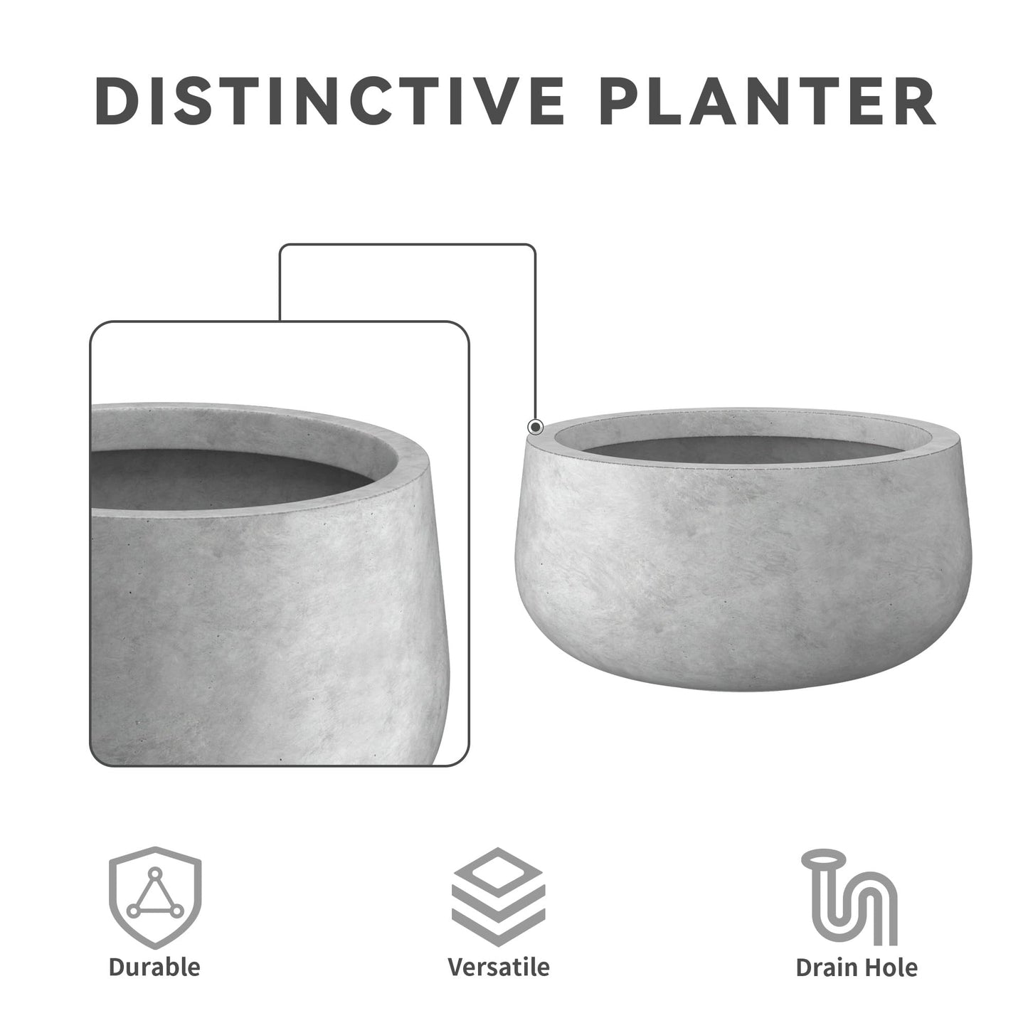 Kante 11.8" Dia Round Concrete Planter, Cement Plant Pots with Drainage Hole and Rubber Plug for Outdoor Indoor Garden Home, Modern Curvaceous Design, Natural Concrete