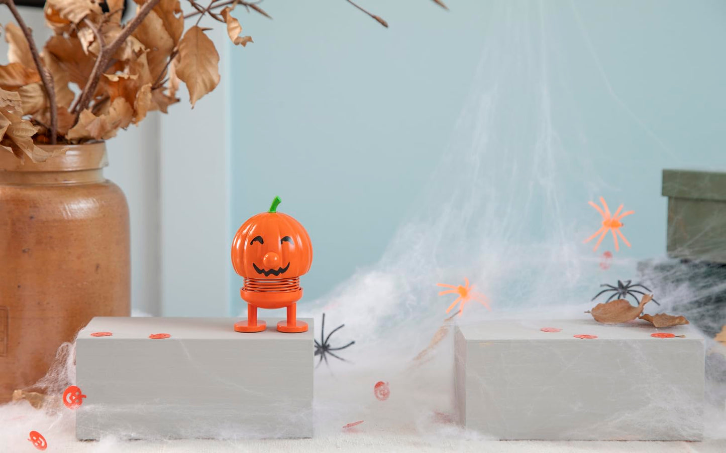 Hoptimist Pumpkin Bumble - Danish Design Home Decor Ornament - Plastic Figurine with a metal spring, Small - Creates Cheerful Movement - (Orange)