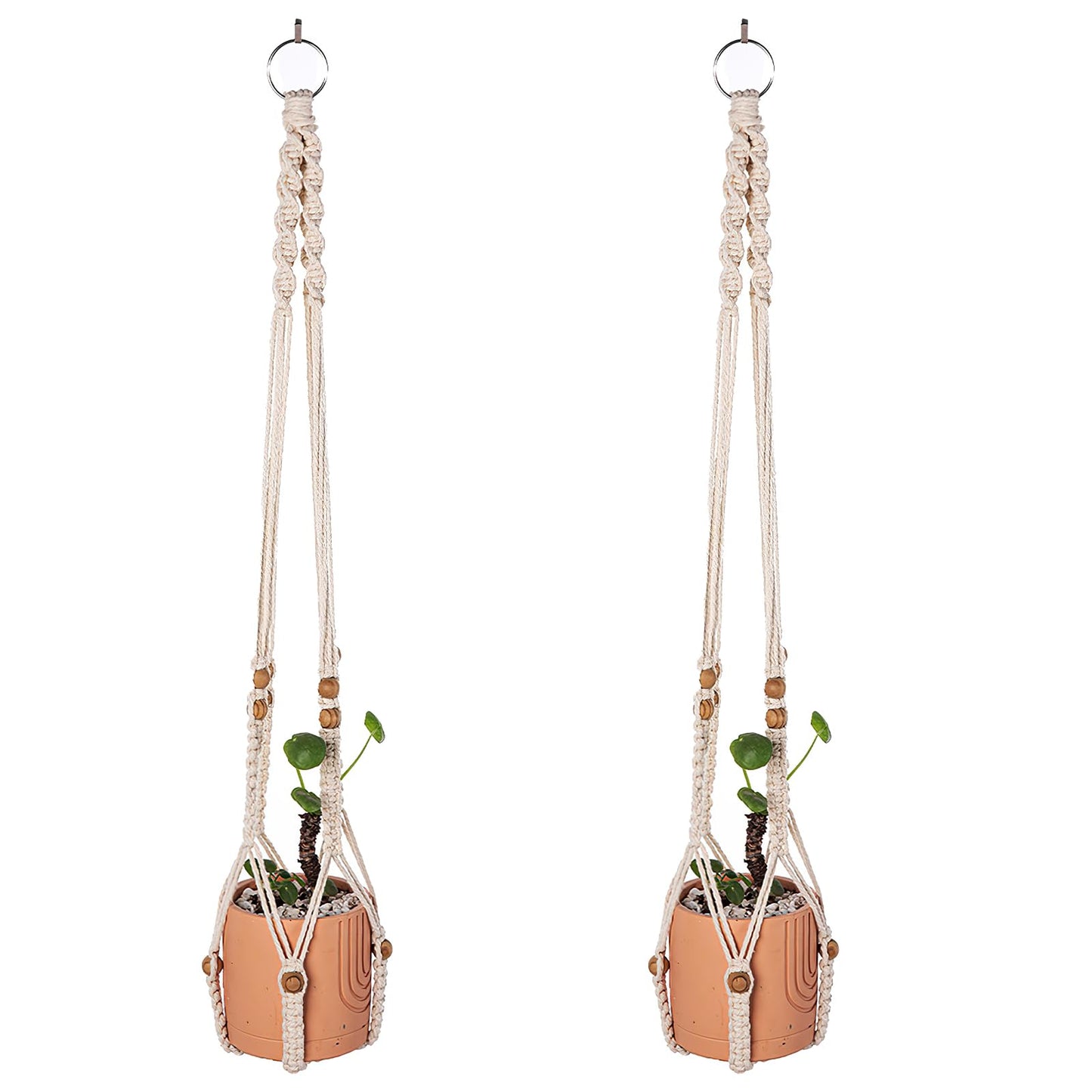Beciway 2-Pack Macrame Plant Hangers with Wood Beads – 34 Inch White Hanging Planters, Boho Indoor Outdoor Flower Pot Holders, No Tassels (Pots Not Included)
