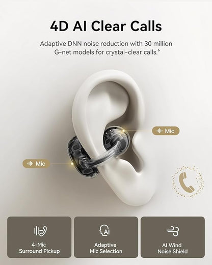 Baseus Bowie MC1 Pro Open Ear Clip-On Headphones, Hi-Res LDAC & HiFi4 Acoustic Sound, 5g Ultra-Lightweight Comfort, SuperBass 2.0, DNN 4-Mic AI Clear Calls, IP67 Waterproof, Bluetooth 6.0