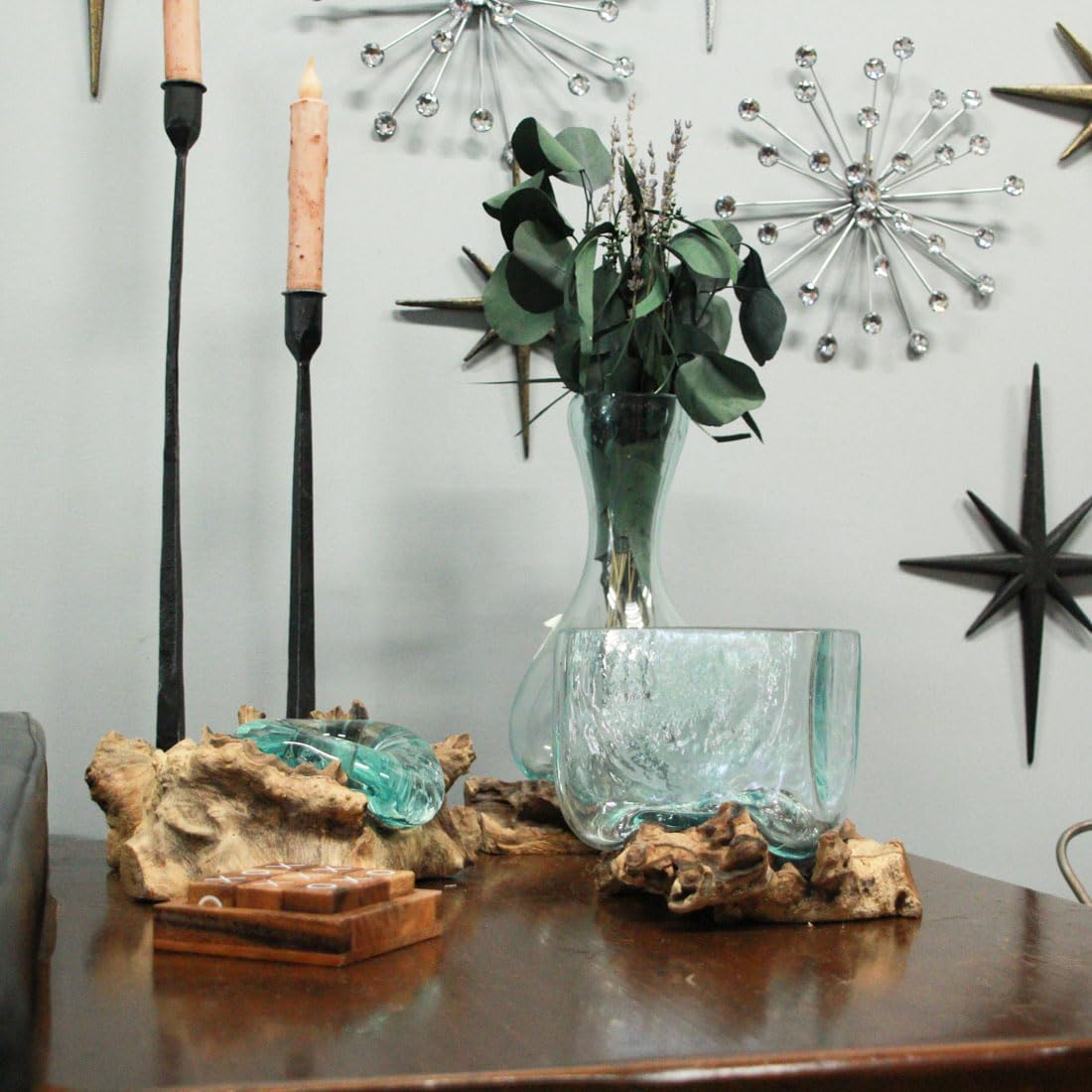 Melted Molten Glass on Teak Driftwood Rectangular Decorative Bowl, Vase, or Planter - Approximately 5.75 Inches High - Nature-Inspired Elegance for Home and Patio Terrarium