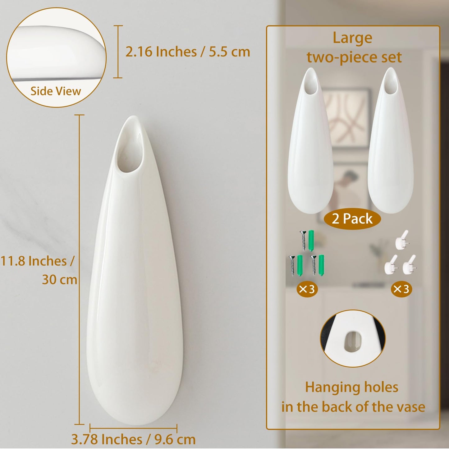 GDSZJLJ Hanging Ceramic Wall Vases, 11.8 Inch,Set of 2, Cubicle Modern Decor Wall Plant Holder Vase for Indoor Plants,Propagation Hanging Flower Pots for Air Vases,White