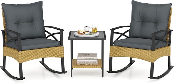 Tangkula 3 Pieces Outdoor Rocking Chairs Set, Rattan Heavy Duty Cushioned