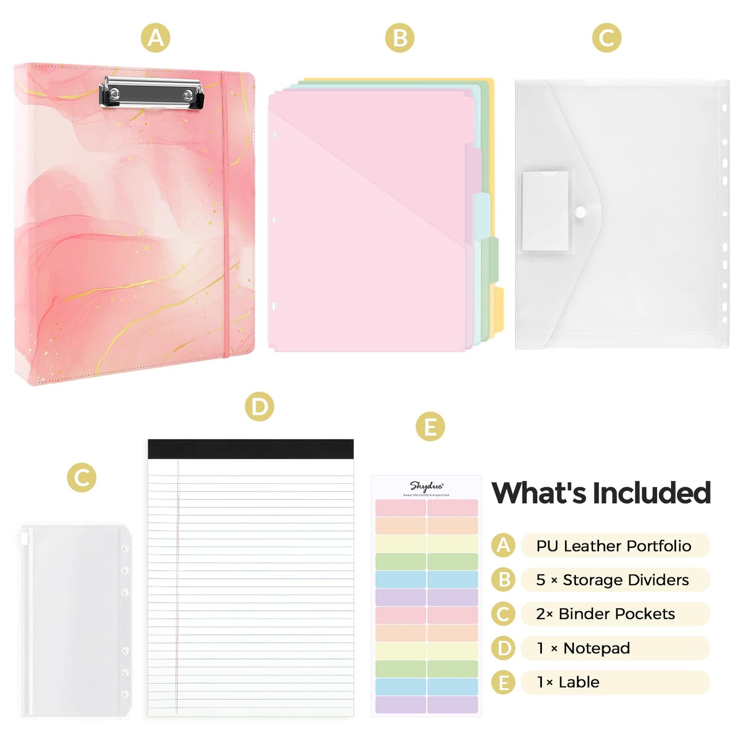 SKYDUE 1 Inch 3-Ring Binder with Clipboard, PU Binder with 5 Dividers, Notepad, Stickers & Pockets for Work and School - Aesthetic Binder (Letter Size)