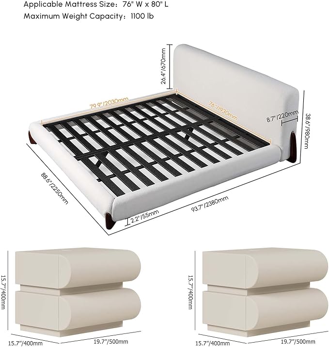 homary 3-Pieces Bedroom Sets King Size Upholstered Bed Frame