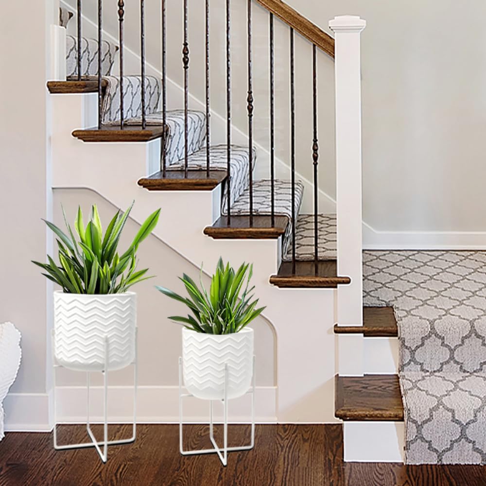 TRIROCKS Set of 2 Planters with Stand Indoor Otdoor Metal Plant Stand 18&12" Tall Modern Planters Flower Pots for Living Room Corner Kitchen Office Garden Balcony Patio Decor(White)