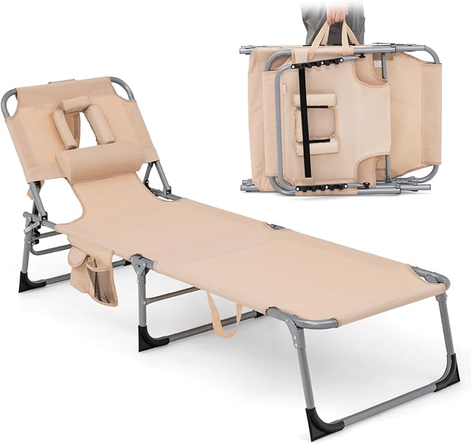 Goplus Tanning Chair, Folding Adjustable Patio Lounge Chair