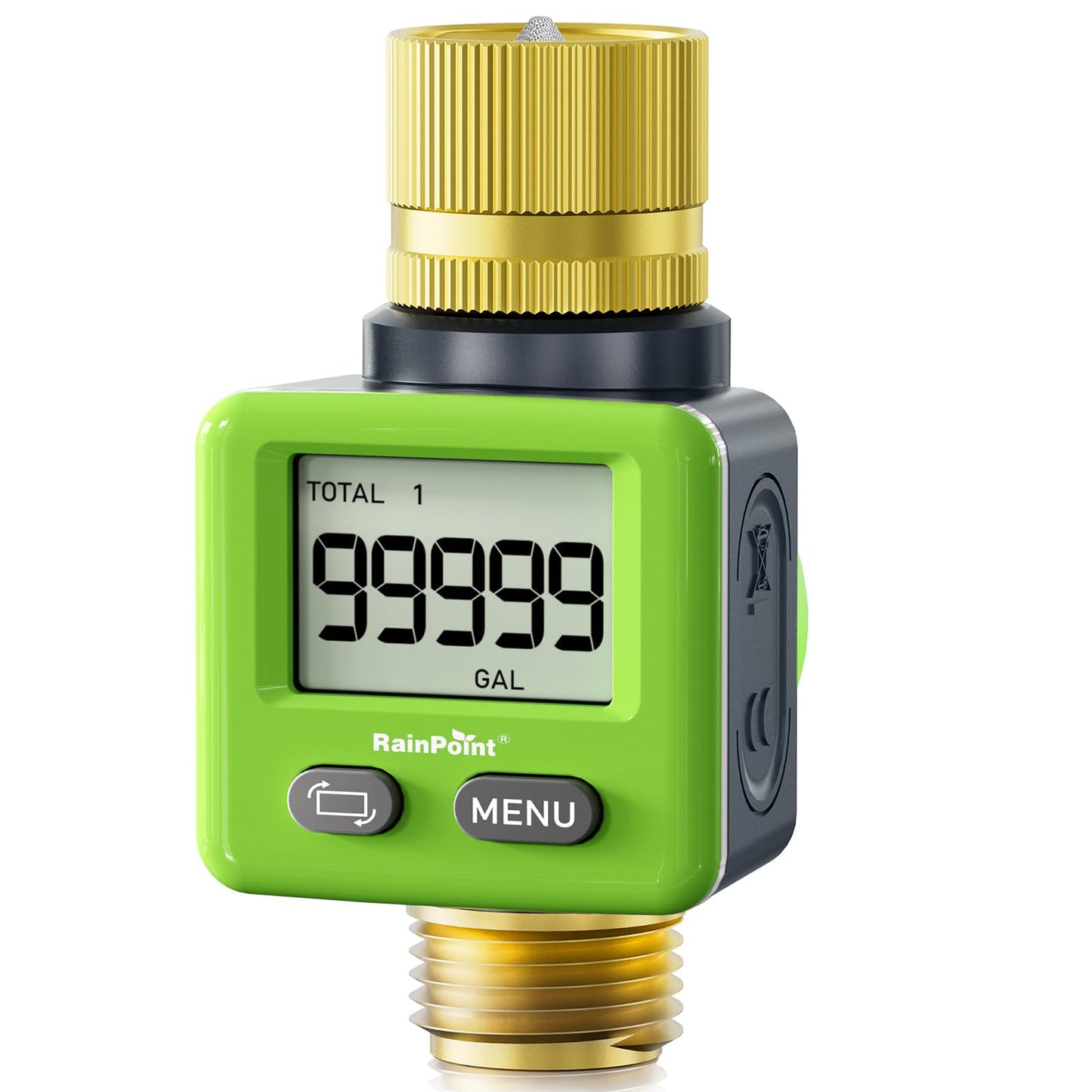 RAINPOINT Water Flow Meter, ±5% Accuracy, Pure Brass Inlet & Outlet Water Meter, 180° Screen-Flip, 4 Measure Modes for Outdoor Garden Hose, Lawn Sprinkler Watering, RV Water Tank Filling, Green