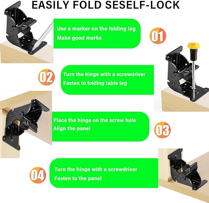 4 Pack Folding Brackets 0°-90°-180°, Heavy-Duty Self-Lock Hinge