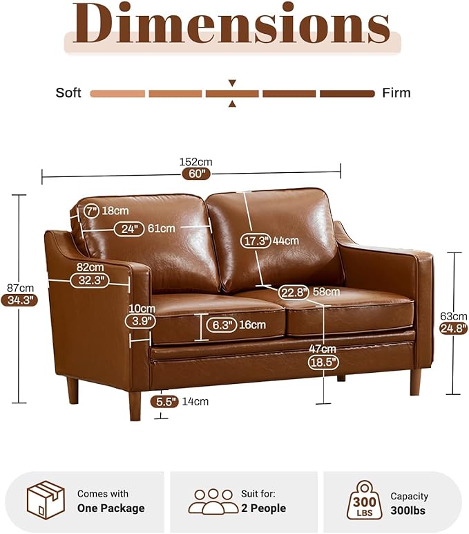 Kingfun 56" Faux Leather Sofa, Loveseat Couch, Mid Century Modern Love Seat