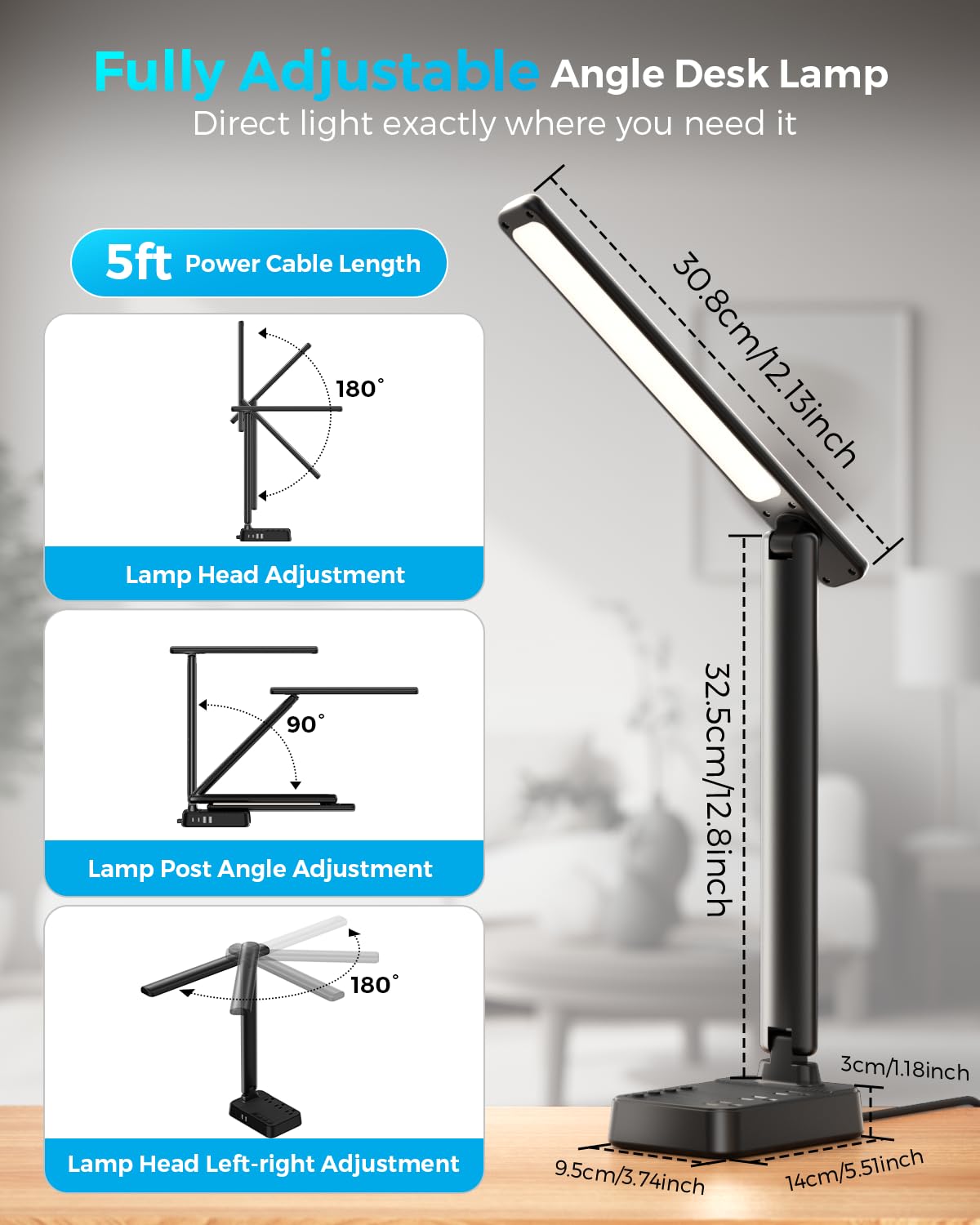 LED Desk Lamp with Power Strip, 3 AC Outlets & 4 USB Ports (2 USB-C), Stepless Dimming & 2800K-6500K Eye-Caring Desk Light, Foldable Table Lamp with 5FT Cord for Home Office, Dorm Room Essentials