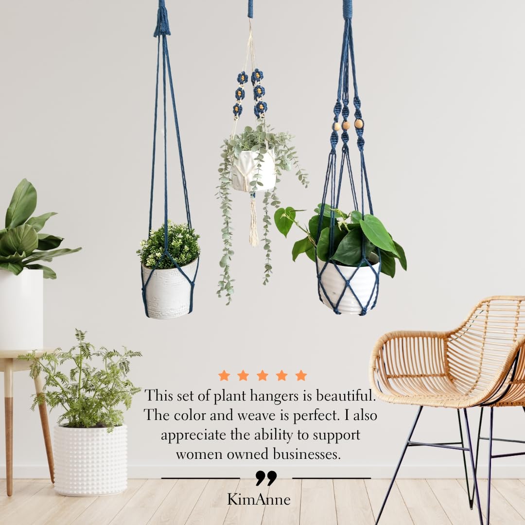 Set of 3 Macrame plant hangers with Daisies & Beads Hanging plant holder Macrame Plant hangers outdoor and indoor hanging planters Plant stand indoor Boho Decor hanging planter stand (Peacock Blue)