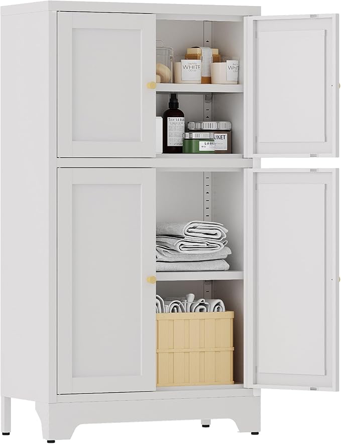 YAUWOH White Bathroom Floor Cabinet, Metal Storage Cabinet