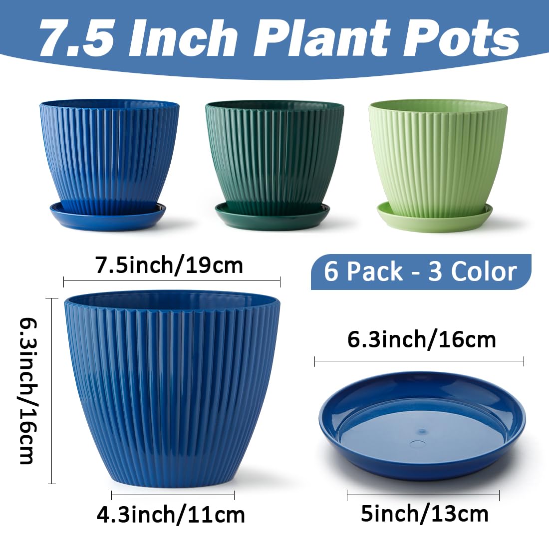 RooTrimmer Plastic Plant Pots, 6 Pack 7.5 Inch Flower Pots with Drainage Holes and Saucer, Planters for Indoor Outdoor Plants, Stylish Decor for Home and Garden(Blue, Green, Dark Green)