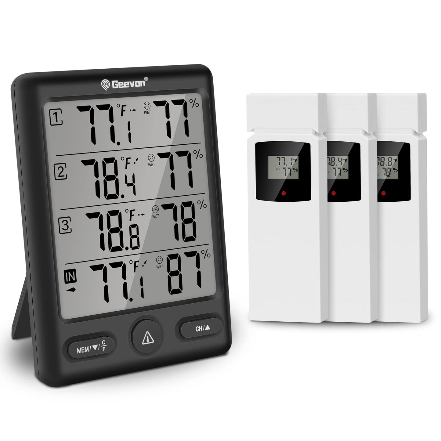 Geevon Indoor Outdoor Thermometer Wireless with 3 Remote Sensors, Digital Hygrometer Thermometer, Wireless Temperature Humidity Monitor Gauge with 200FT/60M Range (Black)