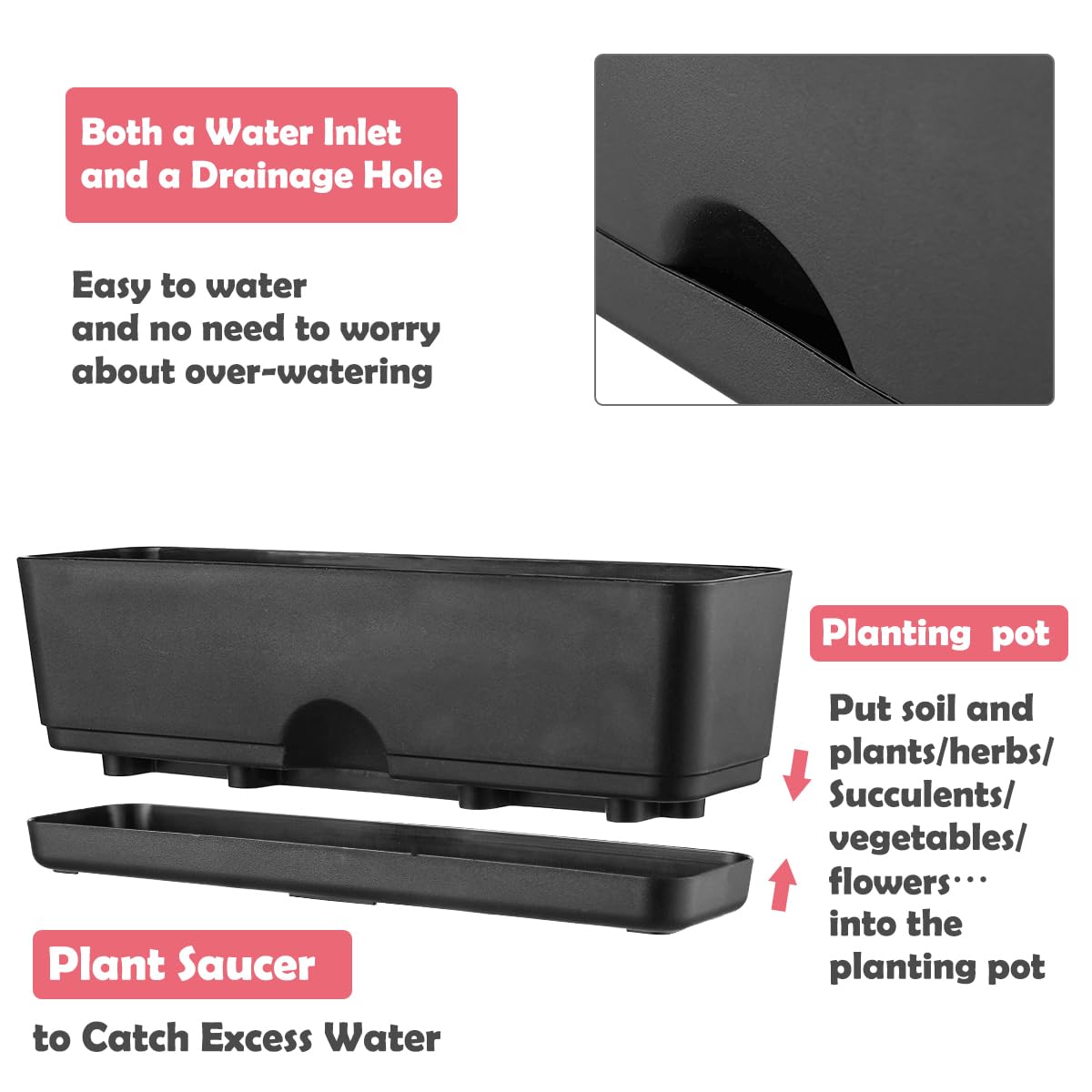 6 Pack Rectangle Planter 16x4.4 Inch Window Boxes Planters Rectangular Large Window Sill Planters Indoor Self Watering Plant Pots with Drainage Holes and Saucers Succulent Herb Flower Pots, Black