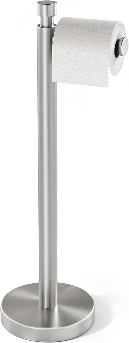 YUMORE Toilet Paper Holder Stand, Heavy Duty Stainless Steel Free Standing Bathroom Tissue Roll Holder, Brushed Nickel
