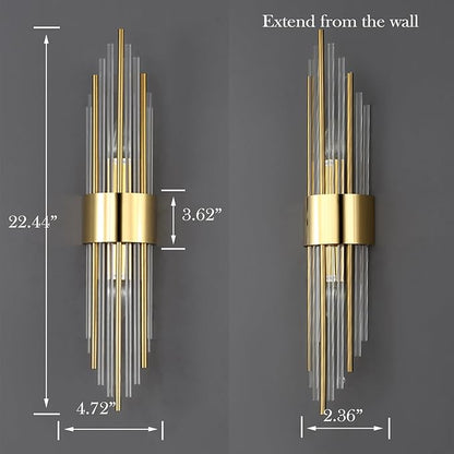 2-Light Modern Brushed Titanium Gold Wall Sconce with Clear Glass Crystal Luxury Wall Light Fixtures for Bedroom Living Room Bathroom Vanity Mirror Light Fixtures Set of 2