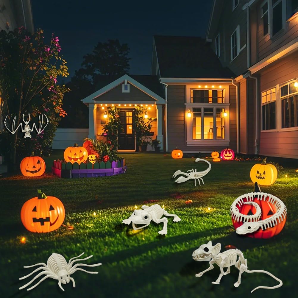 LUKBERA 6pcs Halloween Animal Skeletons, Bat Frog Scorpion Spider Snake Rat Skeletons for Halloween Party Haunted House Graveyard Scene Decoration
