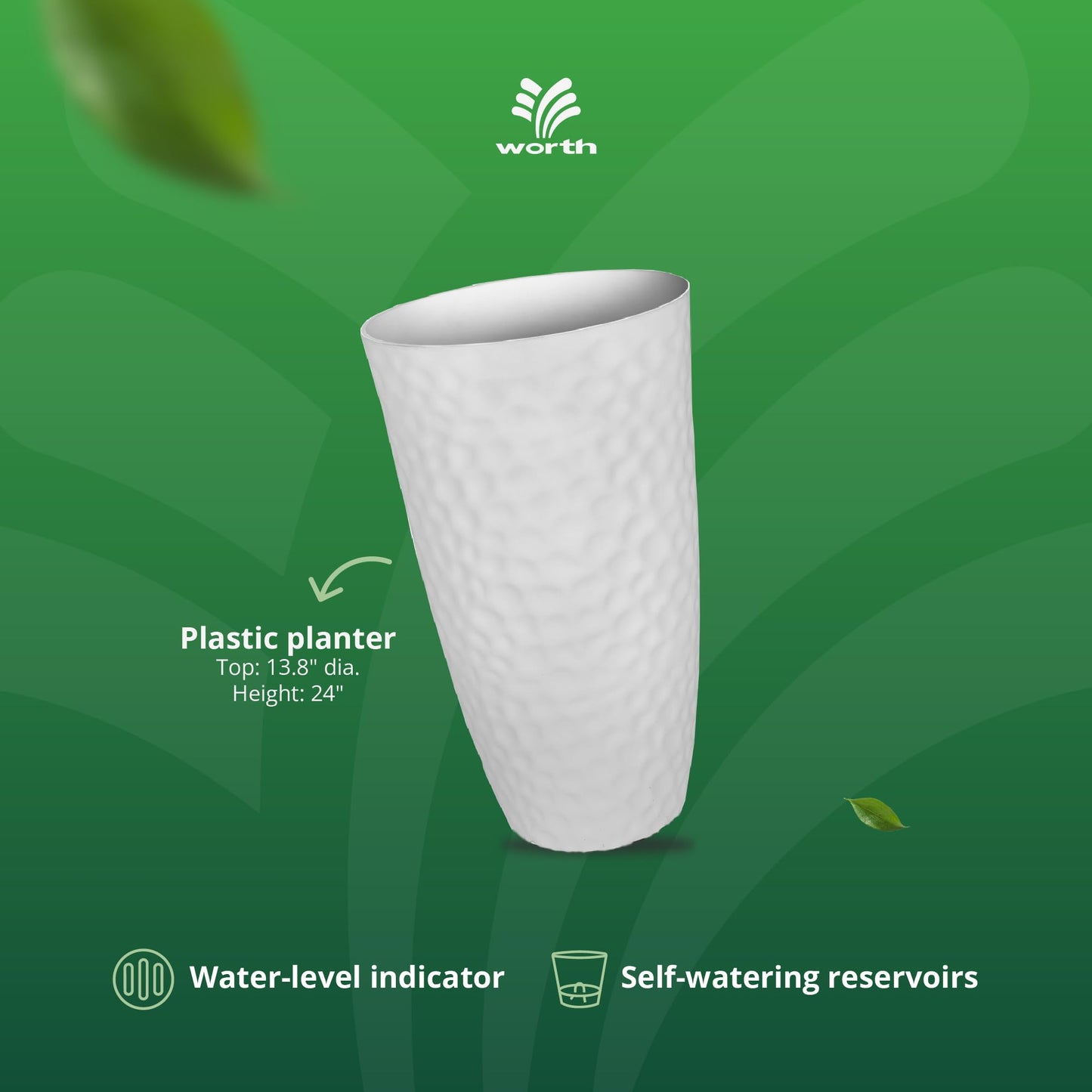 Worth 2 Pack 24" Tall Large Plastic Planter with Drainage Hole, Round Decorative Flower Plant Pit for Indoor or Outdoor Gardening, White