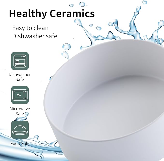 Elevated/Raised Ceramic Dog Bowl with Bamboo Stand (White, 3.6Cup)