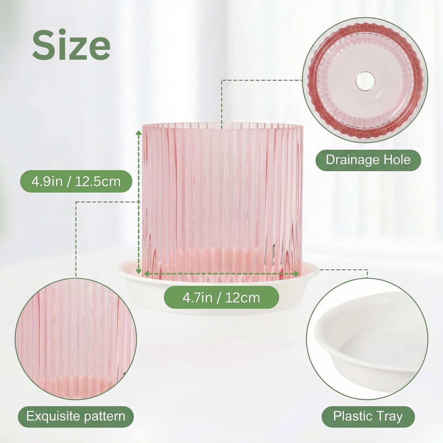 Hestremo Pink Glass Plant Pots Indoor, 5 inch Clear Orchid Pots with Drainage Holes & Trays, Small Glass Planter for Indoor Plants, Herbs, Succulent Flower Planter with Ribbed Texture, Set of 2