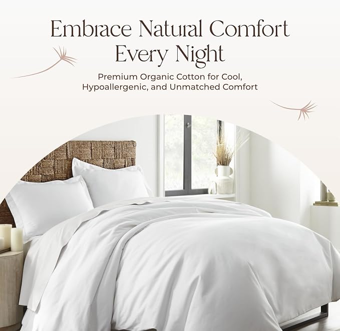 100% Organic Cotton Duvet Cover Queen Size - Naturally Soft Lightweight & Cooling Duvet Cover Set with Decorative Shams - Premium GOTS Certified 300 Thread Count Sateen Weave (White, Queen)